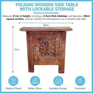 Folding Wooden Side Table with lockable storage, Decorative Wooden Side Table with cutwork detail, Bedside Table