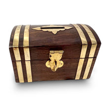 Load image into Gallery viewer, WOODEN TREASURE CHEST MONEYBOX WITH DECORATIVE INLAID BRASS |Piggy Bank | Wooden Treasure Chest | Wooden Chest | Pirates Chest | Vintage Money Box
