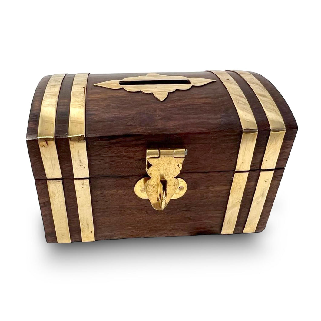 WOODEN TREASURE CHEST MONEYBOX WITH DECORATIVE INLAID BRASS |Piggy Bank | Wooden Treasure Chest | Wooden Chest | Pirates Chest | Vintage Money Box