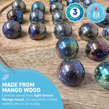 Load image into Gallery viewer, 30cm Diameter MANGO WOOD SOLITAIRE BOARD GAME with SPARKLY JUPITER GLASS MARBLES | |classic wooden solitaire game | strategy board game | family board game | games for one | board games

