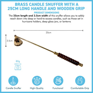 Brass Candle Snuffer 25cm long handle with wooden grip, safe wick extinguisher