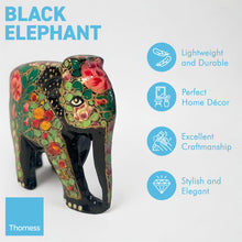 Load image into Gallery viewer, BLACK, GREEN AND PINK PAPER MACHE ELEPHANT ORNAMENT | Animal Decoration | Wildlife Sculpture | Paper Mache Animal | Multi Coloured| Home Decor | Elephants represent Good Luck
