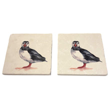 Load image into Gallery viewer, 2 x PROFESSOR PUFFIN STONE COASTERS | Stone Coasters | Animal novelty gift | Coaster for glass, mugs and cups| Square coaster for drinks | Puffin gift | Meg Hawkins art | 10cm x 10cm
