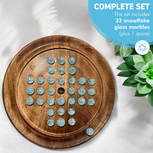 Load image into Gallery viewer, 22cm Diameter wooden SOLITAIRE BOARD GAME with SNOWFLAKE GLASS MARBLES | classic wooden solitaire game | strategy board game | family board game | games for one | board games
