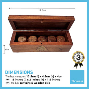 WOODEN HAND-CRAFTED DICE STORAGE BOX | Includes 5 wooden Dice | Brass inlaid embellishments | Dice Game | | Sustainable Shesham wooden hand carved box | 12.5cm (l) x 4.5cm (h) x 4cm (w)