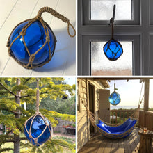 Load image into Gallery viewer, DEEP BLUE GLASS FISHING FLOAT ORNAMENTAL SEA BUOY | hand blown | nautical seafaring fishing rustic décor | 10cm diameter | with rustic brown string netting and hanging loop | Japanese style glass fishing floats
