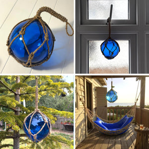 DEEP BLUE GLASS FISHING FLOAT ORNAMENTAL SEA BUOY | hand blown | nautical seafaring fishing rustic décor | 10cm diameter | with rustic brown string netting and hanging loop | Japanese style glass fishing floats