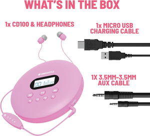 Pink Oakcastle CD100 RECHARGEABLE BLUETOOTH CD PLAYER | 12hr Portable Playtime | In Car Compatible Personal CD Player | Headphones Included, AUX Output, Anti-Skip Protection, Custom EQ, CD Walkman (Pink)