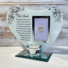 Load image into Gallery viewer, Her Smile: Inspirational Poem &amp; Candle Holder Glass Memorial Plaque - Timeless Tribute and Photo Frame
