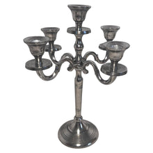 Load image into Gallery viewer, Elegant 5-Arm Silver Candelabra, 30cm – Distressed Nickel Finish Metal Candle Holder for Table Decor, Weddings &amp; Events
