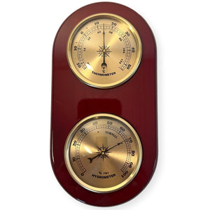 Wooden Barometer & Thermometer | Weather station wall room indoor thermometer |  19cm x 10cm | Two dials – one for temperature and one for humidity