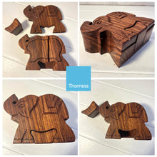 Load image into Gallery viewer, 4-piece Elephant Wooden Puzzle Box | Wooden Elephant Puzzle Box | Handmade wooden puzzle box | Handmade Wooden trinket secrets Box | Sustainable Shesham wooden hand carved box | 12cm (w) x 5cm (h)

