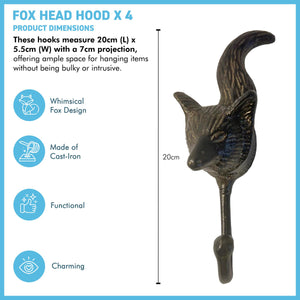 Set of Four Sturdy Wall Mounted Cast Iron Fox Head Hook Hanger for Hat, Coat, Clothes - Ideal for Kitchen, Bathroom, Bedroom, Office