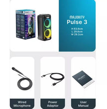 Load image into Gallery viewer, Refurbished Majority Pulse 3  Bluetooth Karaoke Maga sound 𝗣𝗔𝗥𝗧𝗬 𝗦𝗣𝗘𝗔𝗞𝗘𝗥 with AI Smart Lights, Compact, Portable, Party-Ready Audio for Home, Outdoor, and Events
