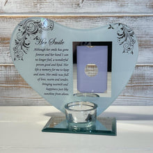 Load image into Gallery viewer, Her Smile: Inspirational Poem &amp; Candle Holder Glass Memorial Plaque - Timeless Tribute and Photo Frame
