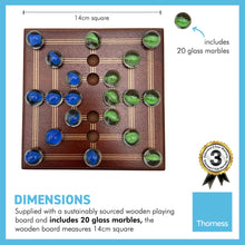 Load image into Gallery viewer, Nine Mans Morris marble game with wooden board | Quirky strategy solitaire marble game | includes 20 glass marbles and wooden board | 14cm x 14cm | Mill Game | Traditional wooden game
