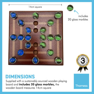 Nine Mans Morris marble game with wooden board | Quirky strategy solitaire marble game | includes 20 glass marbles and wooden board | 14cm x 14cm | Mill Game | Traditional wooden game