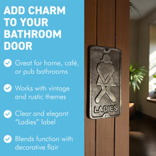 Load image into Gallery viewer, 𝗩𝗜𝗡𝗧𝗔𝗚𝗘 𝗦𝗧𝗬𝗟𝗘 𝗟𝗔𝗗𝗜𝗘𝗦 𝗖𝗔𝗦𝗧 𝗜𝗥𝗢𝗡 𝗧𝗢𝗜𝗟𝗘𝗧 𝗗𝗢𝗢𝗥 𝗦𝗜𝗚𝗡 | 𝟯′ 𝘅 𝟲’ (𝟳𝟱𝗺𝗺 𝘅 𝟭𝟱𝟬𝗺𝗺) | Plaque | Bathroom | Wall Decor | Antique Style | Bathroom Sign | Restroom | Door Sign | Decorative Home Accessory
