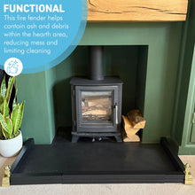 Load image into Gallery viewer, 𝗔𝗗𝗝𝗨𝗦𝗧𝗔𝗕𝗟𝗘 𝗕𝗟𝗔𝗖𝗞 𝗙𝗜𝗥𝗘 𝗙𝗘𝗡𝗗𝗘𝗥 𝗪𝗜𝗧𝗛 𝗣𝗢𝗟𝗜𝗦𝗛𝗘𝗗 𝗙𝗜𝗡𝗜𝗔𝗟𝗦 (𝟭𝟰𝟱𝗰𝗺 𝗠𝗮𝘅 𝗟𝗲𝗻𝗴𝘁𝗵) | Self Assembly | Fireplace Hearth Guard | Protective Barrier to prevent Ash &amp; Spark damage

