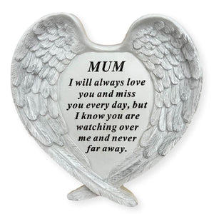 Angel Wings Memorial Ornament: Textured, Detailed Love Heart Plaque for Mum's Garden/Grave