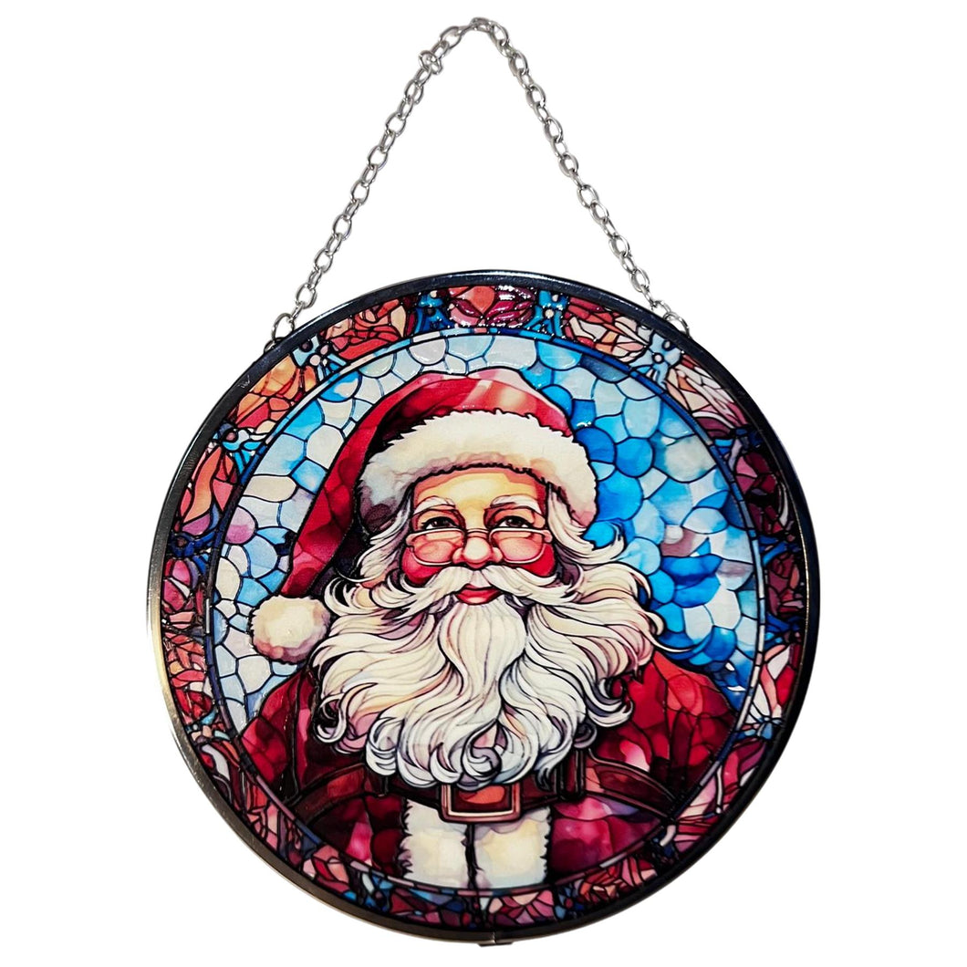 Father Christmas 6-Inch Stained Glass Suncatcher Featuring Santa Claus Design, Festive Holiday Decor