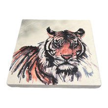 Load image into Gallery viewer, TIGER STONE COASTER | Stone Coasters | Animal novelty gift | Coaster for glass, mugs and cups| Square coaster for drinks | Tiger gift | Meg Hawkins art | 10cm x 10cm
