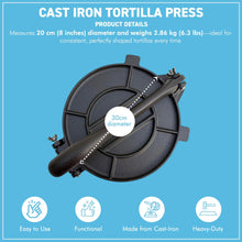 Load image into Gallery viewer, Premium 8" 𝗖𝗔𝗦𝗧 𝗜𝗥𝗢𝗡 𝗧𝗢𝗥𝗧𝗜𝗟𝗟𝗔 𝗣𝗥𝗘𝗦𝗦 – Heavy Duty Roti Maker, Taco &amp; Quesadilla Press, Manual Dough Press, Non-Stick, Durable Kitchen Tool
