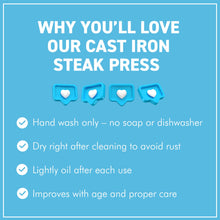 Load image into Gallery viewer, 𝗛𝗘𝗔𝗩𝗬 𝗗𝗨𝗧𝗬 𝗖𝗔𝗦𝗧 𝗜𝗥𝗢𝗡 𝗦𝗧𝗘𝗔𝗞 𝗣𝗥𝗘𝗦𝗦: 17cm (7in) Non-Stick Round Grill Press | Wooden Handle for Burgers, Bacon &amp; Steaks | Flat Top Griddle | BBQ Meat Press
