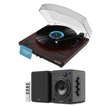 Load image into Gallery viewer, Majority Moto REFURBISHED VINYL RECORD PLAYER Turntable with Audio-Technica Cartridge + D50X BLUETOOTH HI-FI SPEAKERS – Black Complete Wireless Vinyl System with USB Recording &amp; Bluetooth 5.3
