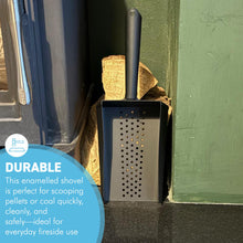 Load image into Gallery viewer, 𝗘𝗡𝗔𝗠𝗘𝗟𝗟𝗘𝗗 𝗦𝗧𝗘𝗘𝗟 𝗪𝗢𝗢𝗗𝗙𝗜𝗥𝗘 𝗣𝗘𝗟𝗟𝗘𝗧 &amp; 𝗖𝗢𝗔𝗟 𝗦𝗛𝗢𝗩𝗘𝗟 | Matt Black Metal Scoop | 33cm (L) | Dust-Free | Easy Scooping | Durable | BBQ cooking
