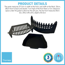 Load image into Gallery viewer, 16" Solid Cast IRON FIREPLACE GRATE SET – Castle Front Design with Ash Pan &amp; Steel Log Tongs for Traditional Home Fireplaces

