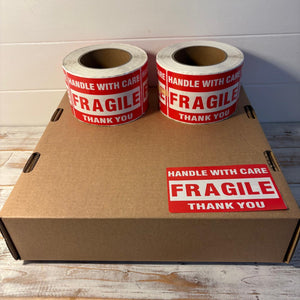 Two Rolls Premium Fragile Warning Stickers – Self-Adhesive “Fragile Handle with Care” Shipping Labels, 1000 Stickers per Roll, Bright Red & White, Waterproof & Tear-Resistant, for Boxes, Parcels & Packages