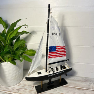 YOUNG AMERICA AMERICAS CUP MODEL YACHT | Sailing | Yacht | Boats | Models | Sailing Nautical Gift | Sailing Ornaments | Yacht on Stand | 33cm (H) x 21cm (L) x 4cm (W)