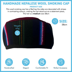 Handmade Nepalese Wool Red Smoking Cap, Lightweight, Stylish, with Traditional Tibetan Accents, Size 58cm, medium