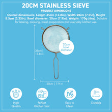 Load image into Gallery viewer, 20cm Stainless Steel Fine Mesh Kitchen Sieve | Rust Resistant Mesh Strainer for Flour, Baking, Tea, Coffee &amp; Rice | Reinforced Rim | Dishwasher Safe | Long Handle
