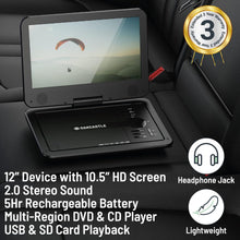 Load image into Gallery viewer, 12” Portable DVD Player | Rechargeable DVD Player Portable with 10.5 inch HD Swivel and Flip Screen | Mains or Car Powered, Region Free, Anti-Shock Protect, Remote Control | Oakcastle DVD120
