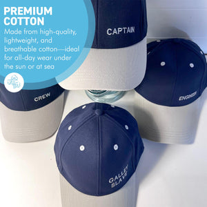 Set of 4 Adjustable Navy-Blue Baseball Caps, Galley Slave, Captain, Crew & Engineer, Nautical Boating Hats for Sailing, Yachting & Team Uniform
