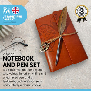 FEATHERED BALL POINT PEN AND LEATHER BOUND NOTEBOOK | Writing Set | Leather Bound Notebook | Feather Pen | Creative Writing | Pen and Notebook Set