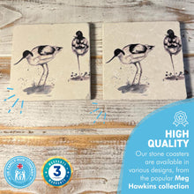 Load image into Gallery viewer, 2 x AVOCET STONE COASTERS | Stone Coasters | Animal novelty gift | Coaster for glass, mugs and cups| Square coaster for drinks | Avocet gift | Meg Hawkins art | 10cm x 10cm
