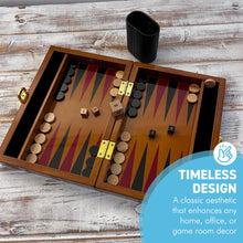 Load image into Gallery viewer, Deluxe 30cm Lacquered Wood Backgammon Set with Premium Leather Dice Cup with Varnished Wooden Game Chips
