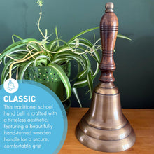 Load image into Gallery viewer, 𝟯𝟬𝗖𝗠 𝗧𝗥𝗔𝗗𝗜𝗧𝗜𝗢𝗡𝗔𝗟 𝗛𝗔𝗡𝗗 𝗕𝗘𝗟𝗟 with Wooden Handle Classic School and Service Bell Vintage Style Brass
