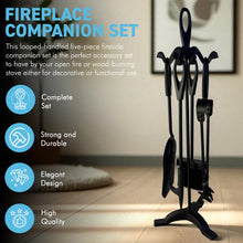 Load image into Gallery viewer, Five-piece metal black loop-handled Fireplace Companion
