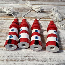 Load image into Gallery viewer, Set of 4 Red and white Lighthouse light pulls | Nautical Theme Wooden Lighthouse Cord Pull Light Pulls
