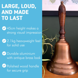 𝗘𝗫𝗧𝗥𝗔 𝗟𝗔𝗥𝗚𝗘 𝟰𝟱𝗖𝗠 𝗔𝗟𝗨𝗠𝗜𝗡𝗜𝗨𝗠 𝗦𝗖𝗛𝗢𝗢𝗟 𝗕𝗘𝗟𝗟 with Wooden Handle – Antique Brass Finish School & Service Bell