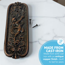 Load image into Gallery viewer, Antique Rustic Copper Door Push Plate with Ornate Cherub Design - Vintage Finger Plate Decor
