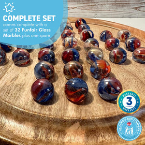 30cm Diameter WOODEN SOLITAIRE BOARD GAME with FUNFAIR GLASS MARBLES | classic wooden solitaire game | strategy board game | family board game | games for one | board games