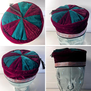 Size 57cm, medium, Handmade Nepalese maroon and deep green velvet Smoking Cap with traditional Tibetan design, lightweight, stylish design