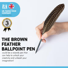 Load image into Gallery viewer, STRIPED, BROWN FEATHERED BALL POINT PEN | Feather Pen | Special Pen | Wizards Pen | Guest Book Pen | Wedding Pen
