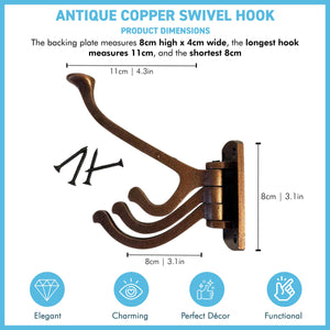 Four-way Folding Coat Hook | Antique Copper Swivel Hook | | Wall mounted for bathroom, kitchen, bedroom | Captains hook | independently swiveling arms | Versatile and elegant