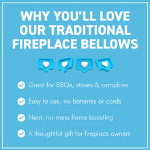 Load image into Gallery viewer, 𝗧𝗥𝗔𝗗𝗜𝗧𝗜𝗢𝗡𝗔𝗟 𝗦𝗧𝗬𝗟𝗘 𝗪𝗢𝗢𝗗 &amp; 𝗙𝗔𝗨𝗫 𝗟𝗘𝗔𝗧𝗛𝗘𝗥 𝗙𝗜𝗥𝗘𝗣𝗟𝗔𝗖𝗘 𝗕𝗘𝗟𝗟𝗢𝗪𝗦 𝟰𝟬𝗖𝗠 – Log Fire Air Blower for Wood Burners | Coal Stoves | Winter Heating | Cosy | Fireplace Accessories and Gifts
